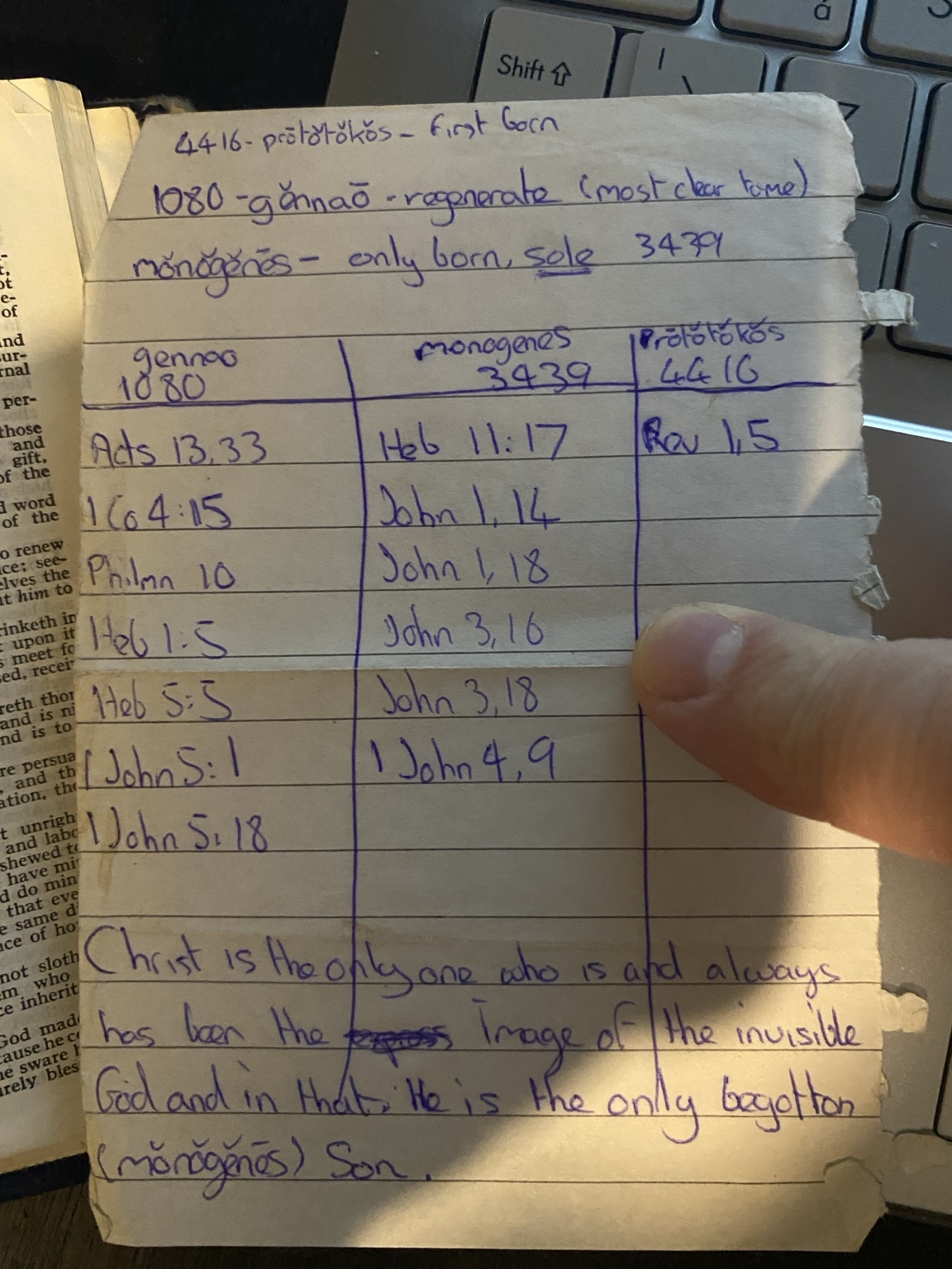 My original handwritten word study tracing gennaō, monogenēs and prōtotokos.